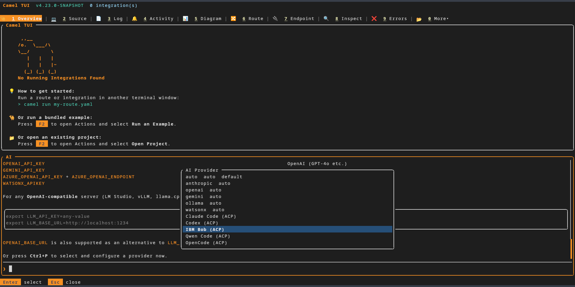 Selecting IBM Bob (ACP) in Camel TUI’s AI Provider menu